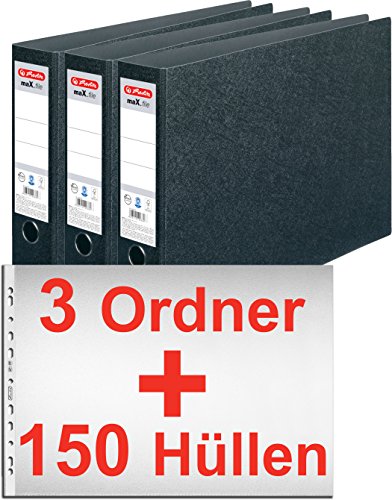 Herlitz 10397073 Ordner maX.file A3 quer, Hartpappe, 7,5 cm, schwarz/Kombi-Set (3 Ordner + 150 Hüllen) von Herlitz