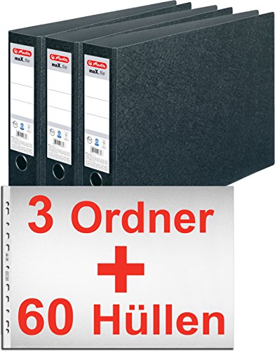 Herlitz 10397073 Ordner maX.file A3 quer, Hartpappe, 7,5 cm, schwarz/Kombi-Set (3 Ordner + 60 Hüllen) von Herlitz