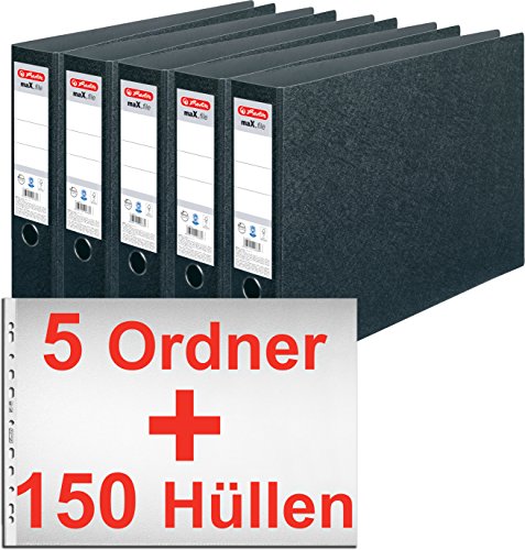 Herlitz 10397073 Ordner maX.file A3 quer, Hartpappe, 7,5 cm, schwarz/Kombi-Set (5 Ordner + 150 Hüllen) von Herlitz