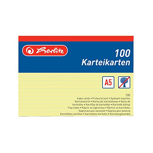 Herlitz 1150507 Karteikarte A5, 100 Stück (Gelb | liniert, Menge: 8 Packungen) von Herlitz