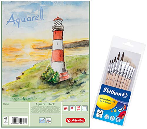 Herlitz 495457 Aquarellpapier, Aquarellkarton, A4, 150 g/qm, 20 Blatt/Kombi-Set (1 Stück, Pinsel Starterset) von Herlitz