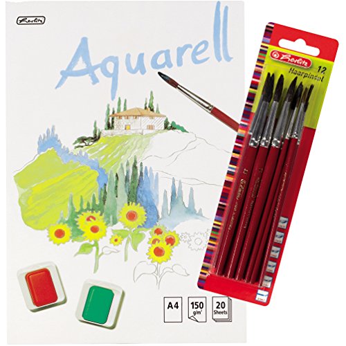 Herlitz 495457 Aquarellpapier, Aquarellkarton, A4, 150 g/qm, 20 Blatt / Kombi-Set (3 Blöcke + 12 Haarpinsel) von Herlitz