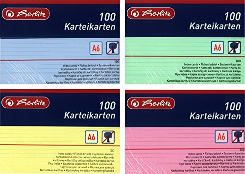 Herlitz Karteikarten A6, Liniert (1200 Stück, Farbig Sortiert in Grün, Gelb, Rot & Blau) von Herlitz