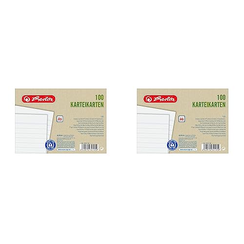 Herlitz Karteikarten A6, liniert, Weiß, Blauer Engel, 100 Stück, für Vokabeln, als Lernkarten und Moderationskarten, 50041138 (Packung mit 2) von Herlitz