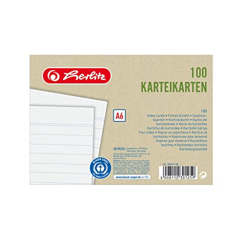 Herlitz Karteikarten A6, liniert, Weiß, Blauer Engel, 100 Stück, für Vokabeln, als Lernkarten und Moderationskarten, 50041138 von Herlitz