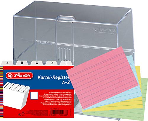 Herlitz Karteikasten A6 transparent inklusive Karteiregister A - Z und 200 Karteikarten farbig sortiert von Herlitz