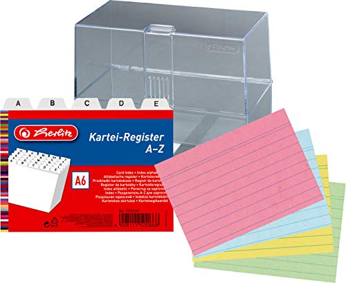 Herlitz Karteikasten leer transparent A7 inklusive 200 farbige Karteikarten liniert und passenden Karteiregistern von Herlitz