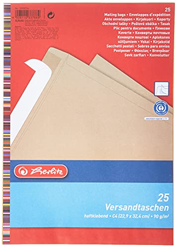 Herlitz Versandtasche C4 90 g Haftklebend, Recyclingpapier, blauer Engel, 25-er Packung, eingeschweißt, braun von Herlitz