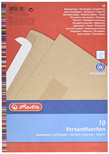 Herlitz Versandtasche C4 90 g Haftklebend mit Fenster, Recyclingpapier, blauer Engel, 10-er Packung, eingeschweißt, braun von Herlitz