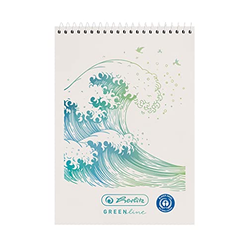 herlitz 50033553 Spiral-Notizblock A7, 50 Blatt, kariert, Motiv: GREENline Welle, 5 Stück von Herlitz