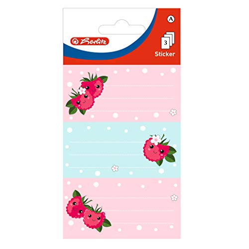 herlitz 50034291 selbstklebende Buchetiketten, Motiv: Himbeere/Kawaii, 3 Bogen à 3 Stück von Herlitz