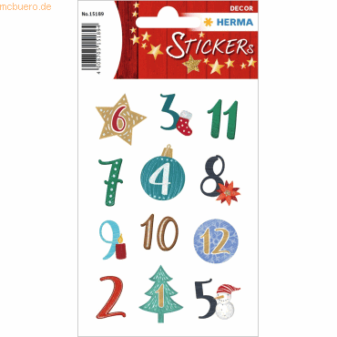 10 x HERMA Adventskalenderzahlen Weihnachts-Symbole beglimmert von Herma