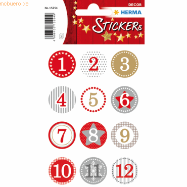 10 x HERMA Schmucketikett Decor Adventskalender 1-24 Rot 2 cm 2 Blatt von Herma