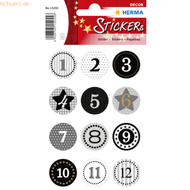 10 x HERMA Schmucketikett Decor Adventskalender 1-24 Schwarz Goldprägu von Herma