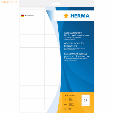 HERMA Adress-Etiketten 70x36mm auf A4-Blättern Ecken spitz VE=480 Stüc von Herma