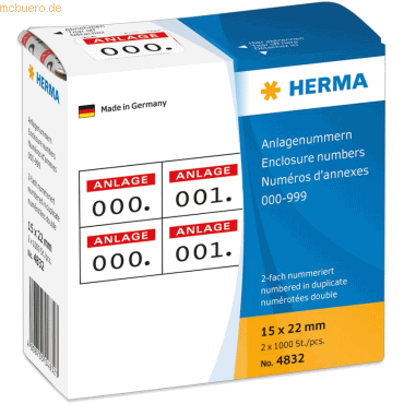 HERMA Anlagenummern selbstklebend 2-fach Aufdruck rot VE=2x1000 Stück von Herma