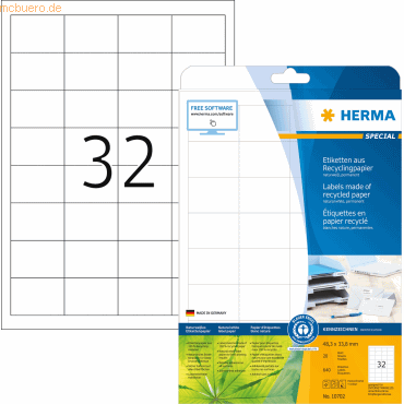 HERMA Etiketten Recyclingpapier A4 48,3x33,8mm weiß VE=20 Blatt/640 St von Herma