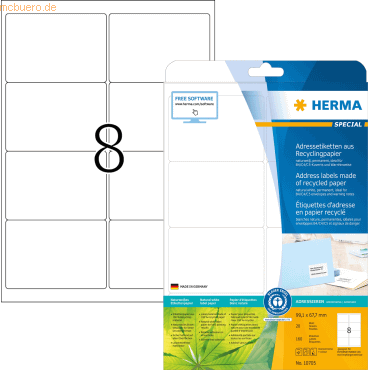 HERMA Etiketten Recyclingpapier A4 99,1x67,7mm weiß VE=20 Blatt/160 St von Herma