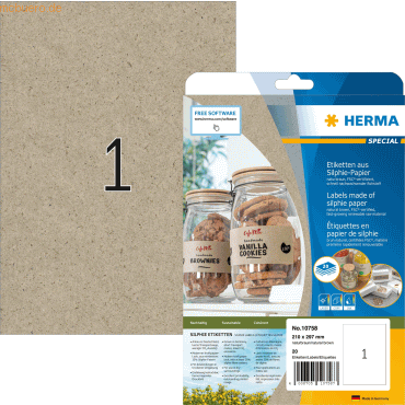 HERMA Etiketten Silphie-Papier A4 210x297mm naturbraun VE=20 Blatt/20 von Herma