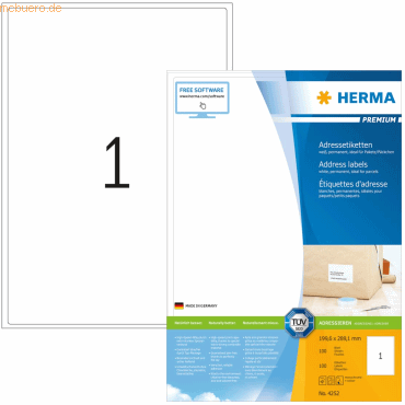 HERMA Etiketten weiß 199,6x289,1mm Premium A4 VE=100 Stück von Herma