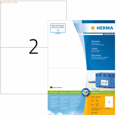 HERMA Etiketten weiß 210x148mm Premium A4 VE=200 Stück von Herma