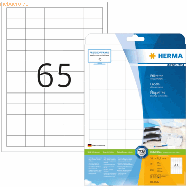 HERMA Etiketten weiß 38,1x21,2mm Premium A4 VE=650 Stück von Herma