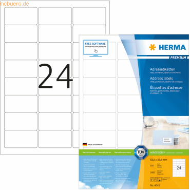 HERMA Etiketten weiß 63,5x33,9mm Premium A4 VE=2400 Stück von Herma