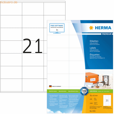 HERMA Etiketten weiß 70x42mm Premium A4 VE=2100 Stück von Herma