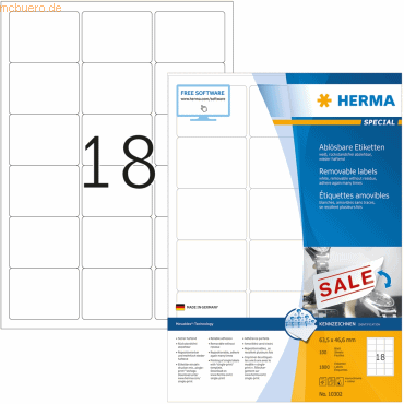 HERMA Etiketten weiß Movables/ablösbar 63,5x46,6mm Special A4 VE=1800 von Herma