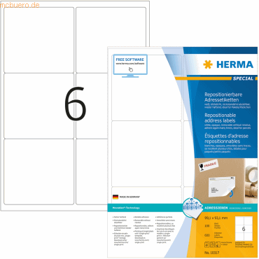 HERMA Etiketten weiß Movables/ablösbar 99,1x93,1mm Special A4 VE=600 S von Herma