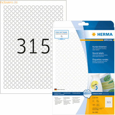 HERMA Etiketten weiß Movables/ablösbar Durchmesser 10mm Special A4 VE= von Herma