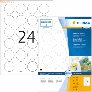 HERMA Etiketten weiß Movables/ablösbar Durchmesser 40mm Special A4 VE= von Herma