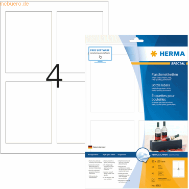 HERMA Flaschenetiketten Glossy weiß 90x120mm Special A4 VE=40 Stück von Herma