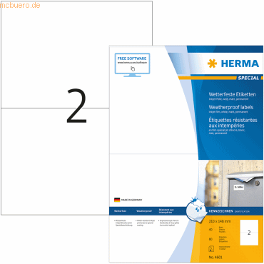 HERMA Inkjet-Etiketten A4 210,0x148,0mm weiß Folie VE=80 Stück von Herma