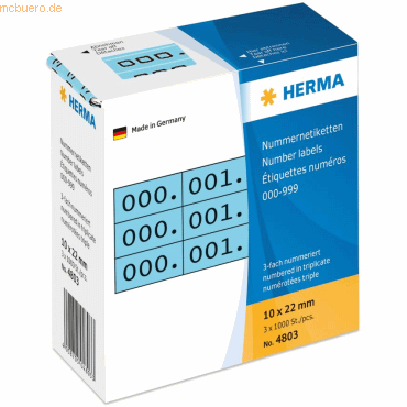 HERMA Nummernetiketten dreifach selbstklebend blau/schwarz VE=3x1000 S von Herma