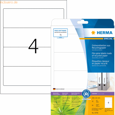 HERMA Ordneretiketten Recyclingpapier A4 192x61mm weiß VE=20 Blatt/80 von Herma