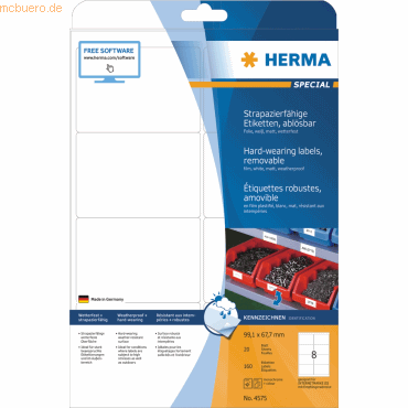 Herma Etiketten 99,1x67,7mm Folie weiß wiederablösbar VE=160 Stück von Herma