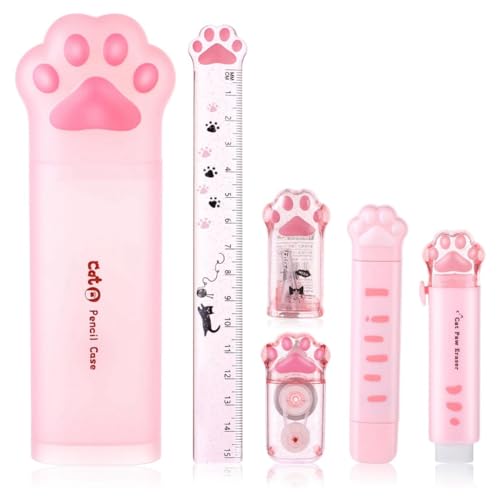 Hermosiey Süßes Katzenpfoten-Briefpapier-Set, 6-Teilig, Kawaii-Katzen-Briefpapier-Set, Bleistiftspitzer, Einziehbarer Radiergummi, Korrekturband, Lineal, Langlebig, Einfach zu Bedienen, Rosa von Hermosiey