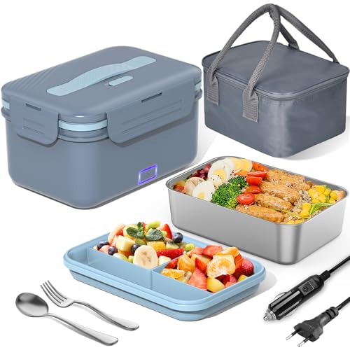 Herrfilk 100W Elektrische Lunchbox Erwachsene, 3-in-1 12/24/220V Thermo Lunch box mit Besteck und Isolierter Lunchbeutel, Auslaufsicherer, 1.8 L Großbehälter, Brotdose mit Fächern für Auto,LKW,Office von Herrfilk