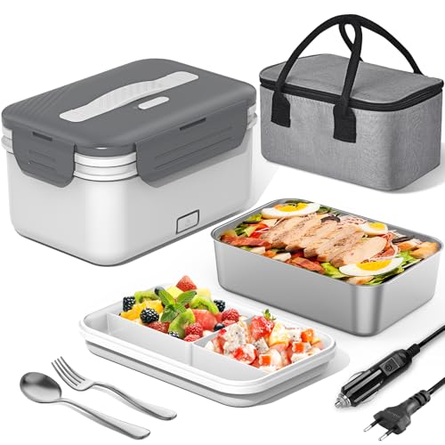 Herrfilk 100W Elektrische Lunchbox Erwachsene, 3-in-1 12/24/230V Thermo Lunch box mit Besteck und Isolierter Lunchbeutel, Auslaufsicherer, 1.8 L Großbehälter, Brotdose mit Fächern für Auto,LKW,Office von Herrfilk