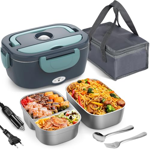 Herrfilk 80W Elektrische Lunchbox Erwachsene, Thermo Lunch box mit Tasche,Edelstahl Gabel & Löffel und 2 x 1.5 L Essensbox, 3-in-1 12/24/110~230V,Auslaufsicherer,Brotdose Elektrisch für Auto LKW Büro von Herrfilk