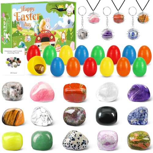 Herritozl Ostergeschenke für Kinder Edelstein-Set 15 Kristallen, 3 DIY-Schlüsselanhänger, 3 DIY-Halsketten - Stein-Sammlungs-Set. Perfekte Partygeschenke, die Spaß und Bildung für Jungen und Mädchen von Herritozl