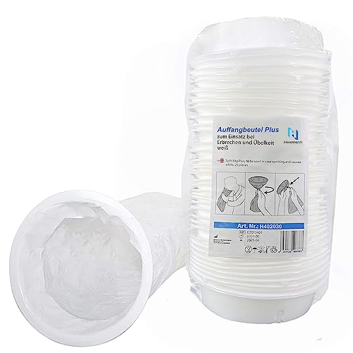 Auffangbeutel Plus mit Mundstück 50 Stück | reißfester & sicherer Kotzbeutel | Auslaufsicherer Verbesserter Verschluss-Ring | 2000 ml Spucktüten | Brechbeutel für Erwachsene und Kinder von Herrmann