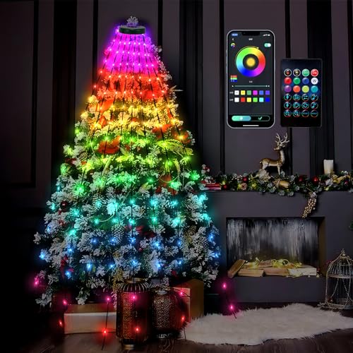 Herrselsam Lichterkette Weihnachtsbaum mit Ring Christbaumbeleuchtung innen & außen mit Timer Funktion und Speicherfunktion 8 Stränge 160 Wasserdicht LEDs Lichterkette für 90cm-200cm Xmas Tree von Herrselsam