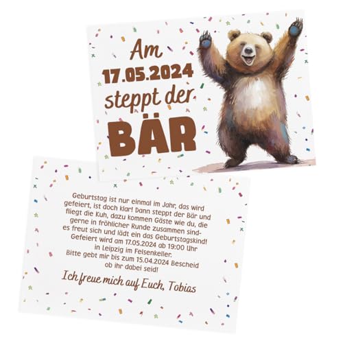 Herz & Heim® 12 Einladungskarten zum Geburtstag im Postkartenformat selber gestalten (Steppt der Bär) von Herz & Heim