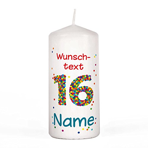 Herz & Heim® Geburtstagskerze - Konfetti - mit Namen und Wunschtext 16. Geburtstag von Herz & Heim