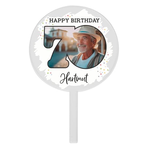 Herz & Heim® Tortentopper aus Acryl in 2 Größen, mit verschiedenen Motiven zum Geburtstag (Rund 10 cm (Ø), Happy Birthday 70) von Herz & Heim