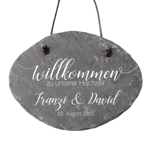 Personalisiertes Hochzeits-Willkommensschild aus Schiefer, 20,5 x 15,5 cm, Oval, mit Lederband (Willkommensschild zur Hochzeit) von Herz & Heim