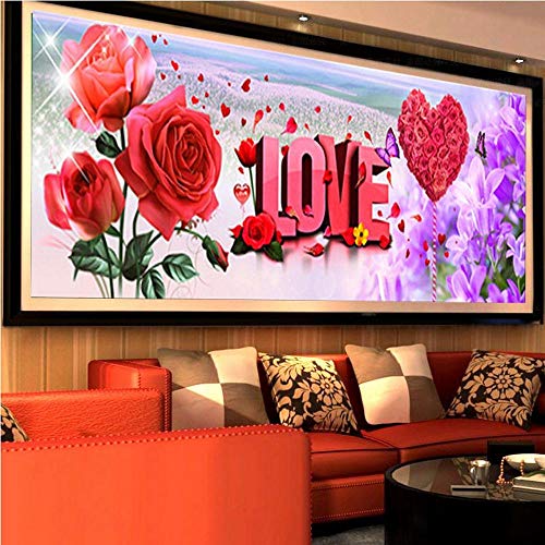 Hescn DIY 5D Diamond Painting Kit Mosaik Vollbohrer Großflächige Bild Diamant Stickerei Künstlerisches Handwerk Kreuzstich Wanddekoration Wohnzimmer Liebe Rose, 120X45Cm von Hescn