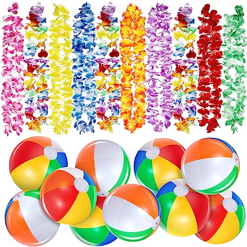 Hestya 20 Stück Hawaii Party Dekorationen inklusiv 10 Aufblasbare Strandbälle Schwimmbad Spielzeug Wasserbälle 10 Hawaii Bunte Girlanden Tropische Blumenketten für Strand Sommer Luau Party Geschenke von Hestya